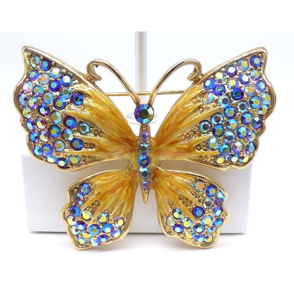 Blue Aurora Borealis Butterfly Brooch Pin Gold Tone Metal Vintage Sparkly!